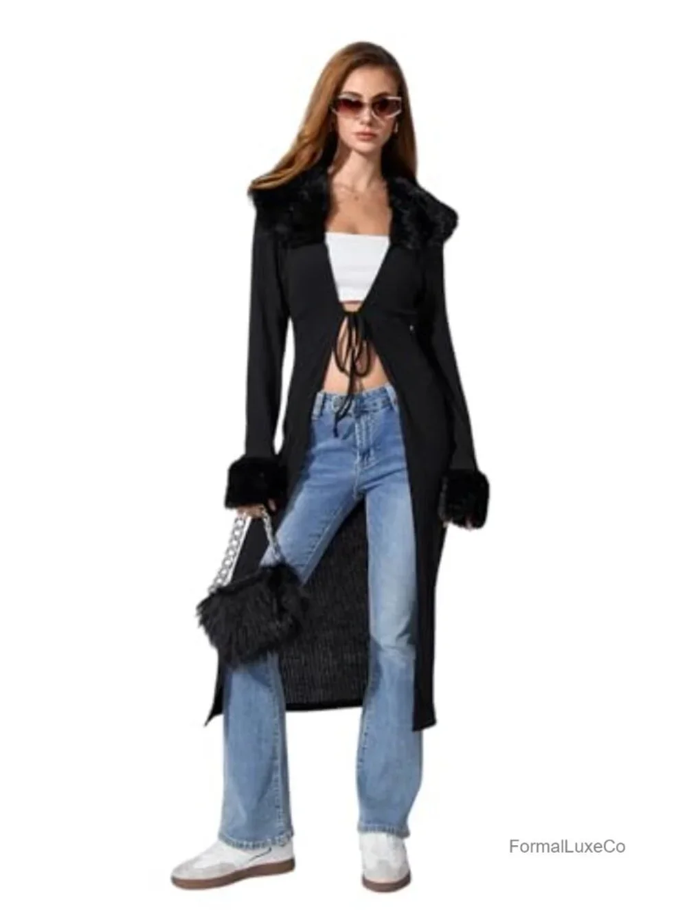 Y2K Long Cardigan with Faux Fur Trim Open Front Knit Sweater